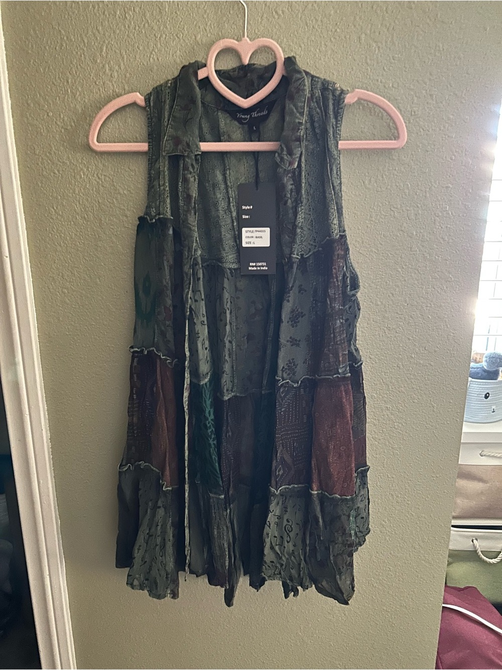 NWT Young Threads Patchwork Sleeveless Drape button down  blouse Olive Green